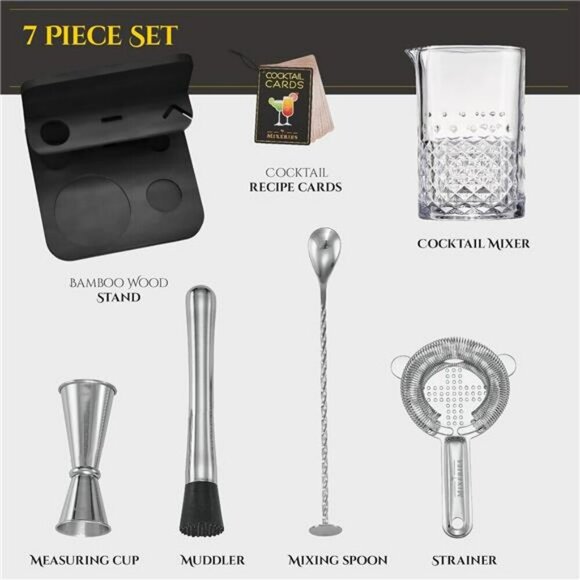 Crystal Cocktail Mixing Glass Set with Bar Tools Bamboo Stand 22 Oz Kit - Picture 4 of 8